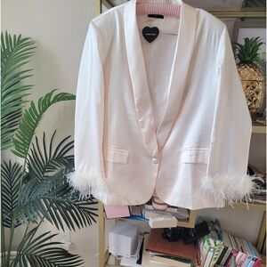 Ivory/Cream Glam Satin Feather Blazer